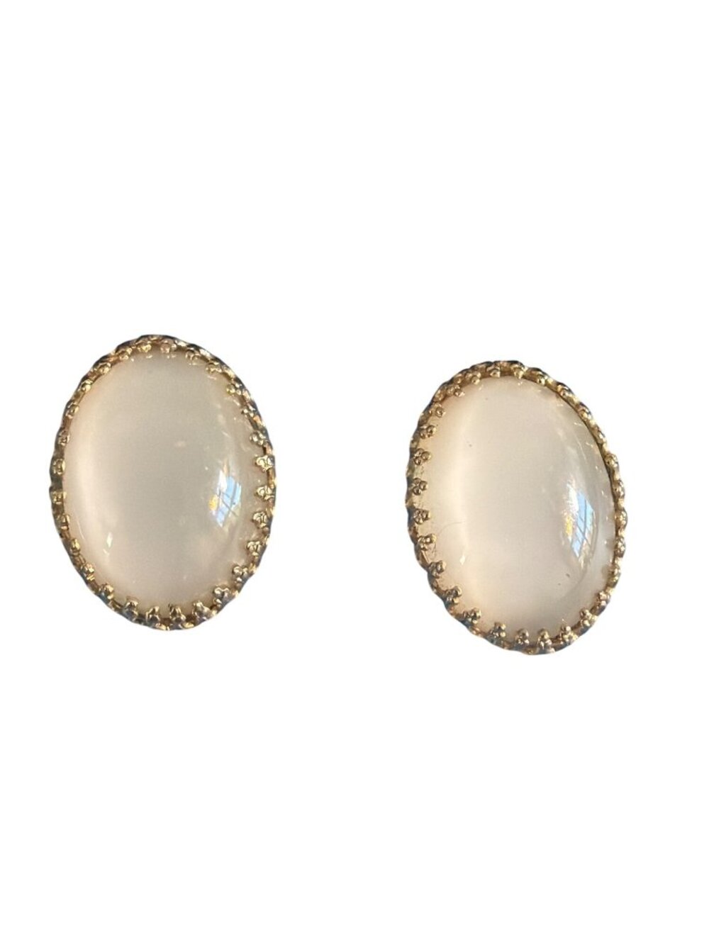 Vintage Silver Tone Oval Moonstone Cabochon Clip On Earrings Estate 1"